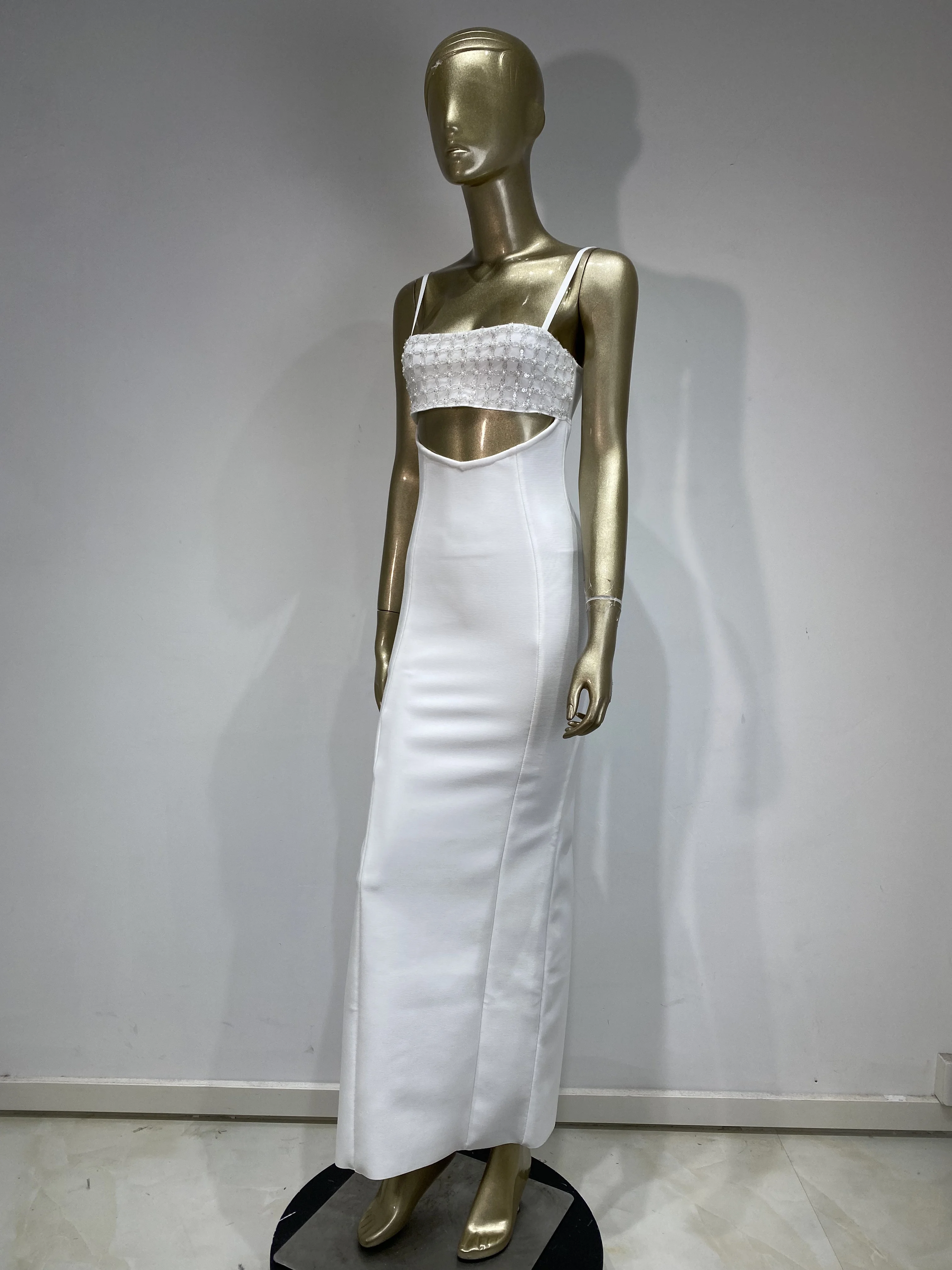 Women Long One-Piece Dress Gown Summer Spaghetti Strap Sequines Bustier Cut Out Maxi Long Celebrity Evening Party Bandage Dress