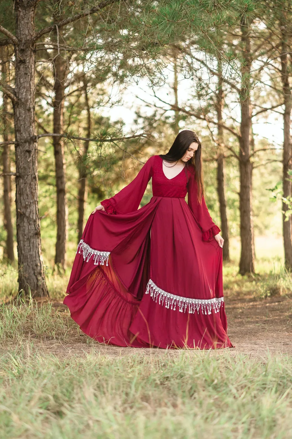 

18010#Red Beltane Maxi Bell Sleeve Open Back Party Dress Medieval Fantasy Boho Wedding Gown For Women Maternity Photography 2023