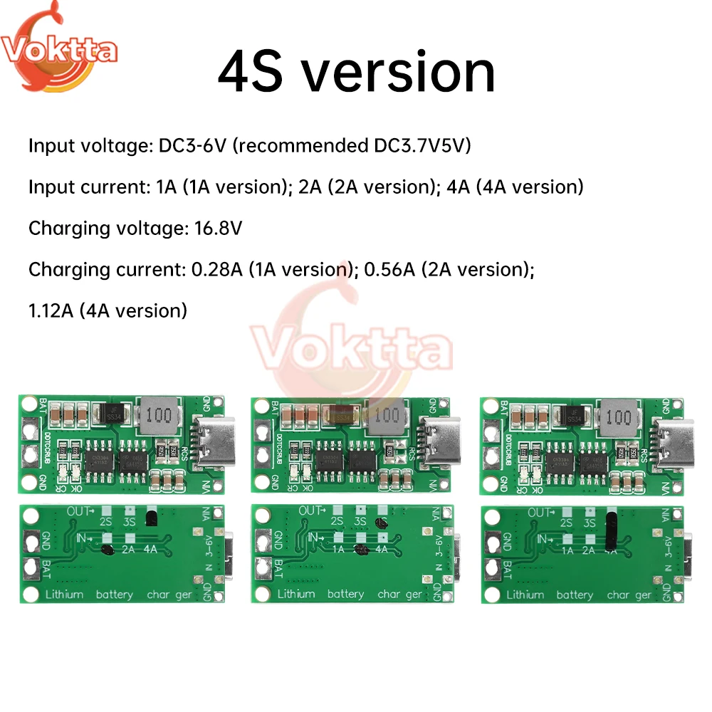 Módulo de reforço de carregamento 2s/3s/4s 1-4a, tipo c, módulo de carregador de bateria de lítio, dc 3-6v, conversor de tensão, placa de proteção