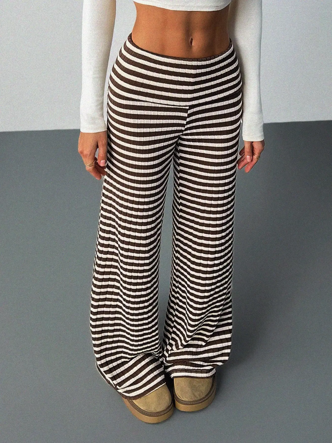 Brown Polka Dot Ribbed Wide Leg Pants, Folded Waist Flared Knit, Autumn Street Casual Work Tall Women
