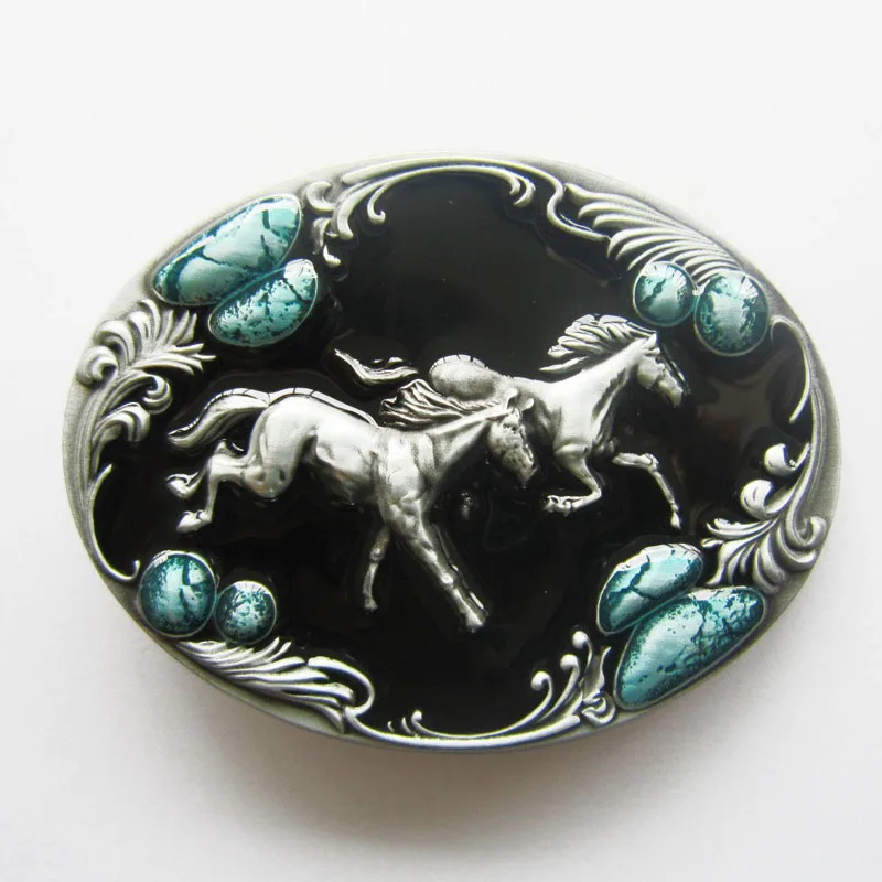 Double Horses Western Enamel Oval Belt Buckle also Stock in US Gurtelschnalle Boucle de ceinture BUCKLE-WT053 Free Shipping