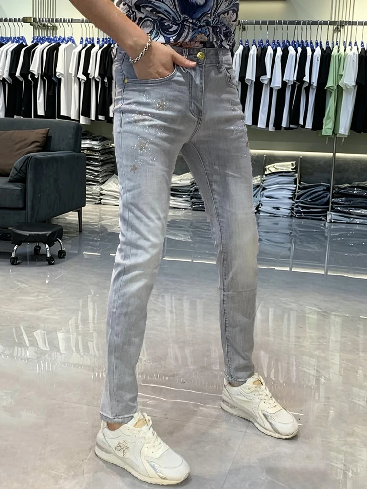

Fashionable Slim Fit Youth Jeans Men's Summer Style Diamond Embellished Ankle-Length Straight Leg Cotton Casual Trousers