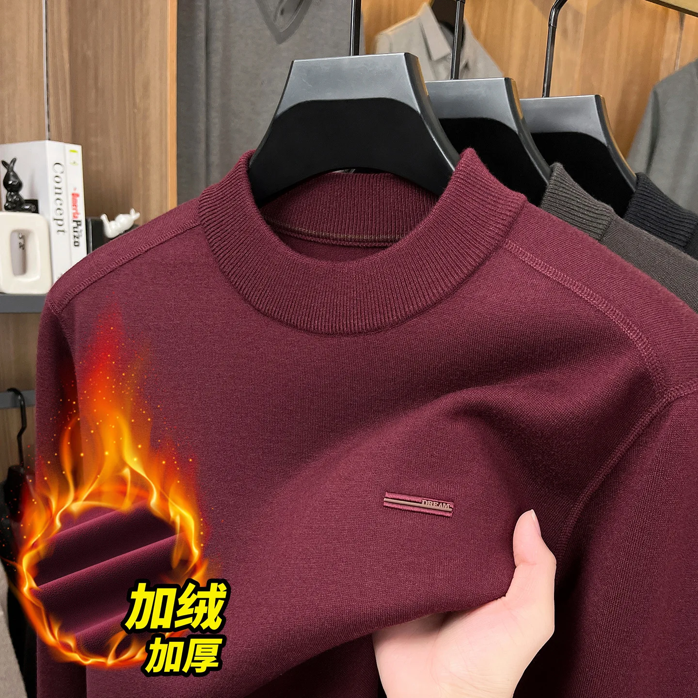 

Новое зимнее поступление, утепленный флисовый мужской свитер, цельный флисовый свитер с вышивкой из норки, термостойкий базовый слой с полувысоким воротником