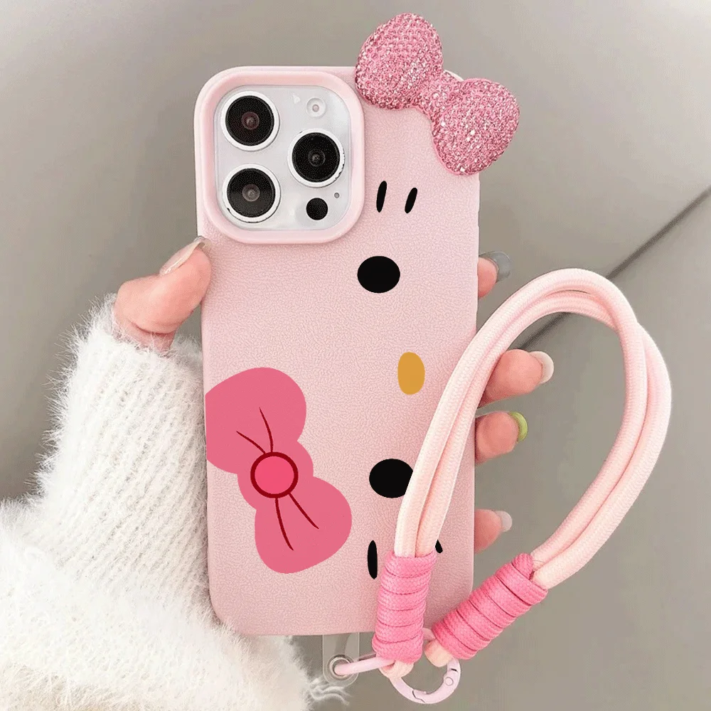 Capa de Celular Sanrio HelloKitty com Strass e Laço Rosa Padrão Lichia para iPhone 17 15 16 13 Pro Max 12 14 11 16 15 Plus X XS XR