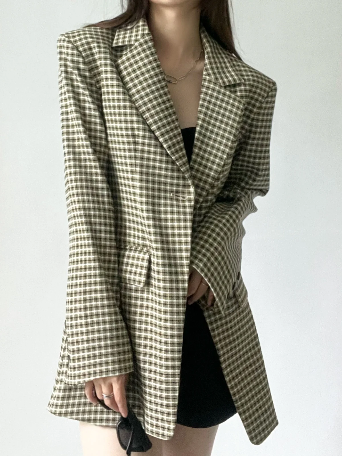 

Quali Briti Sle Plaid Suit Jaet Women's Padded oulder Waist Inward Coat Formal Casual Long Sve Polyester