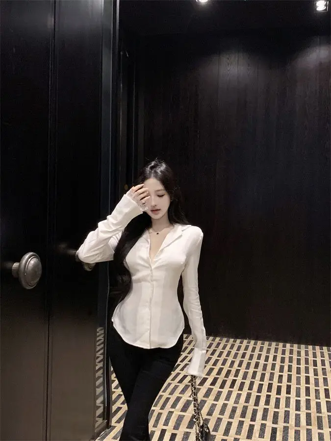 Backless Lace Youthful Fashion Black Long Sleeve Shirt Women V Neck Patchwork Elegant Basic Blouse Lady Office Casual White Top