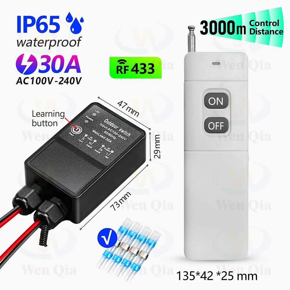 433Mhz 110V 220V 30A Bezprzewodowy przełącznik zdalnego sterowania dużej mocy Zewnętrzny wodoodporny, zasięg sterowania 3000m, do wentylatora