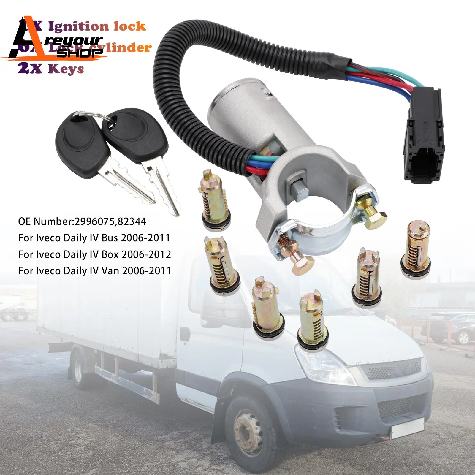 Areyourshop Ignition Lock + 6x Locking Cylinder + Key 2996075 for Iveco Daily 2006 2007 2008 2009 2010 2011 2012