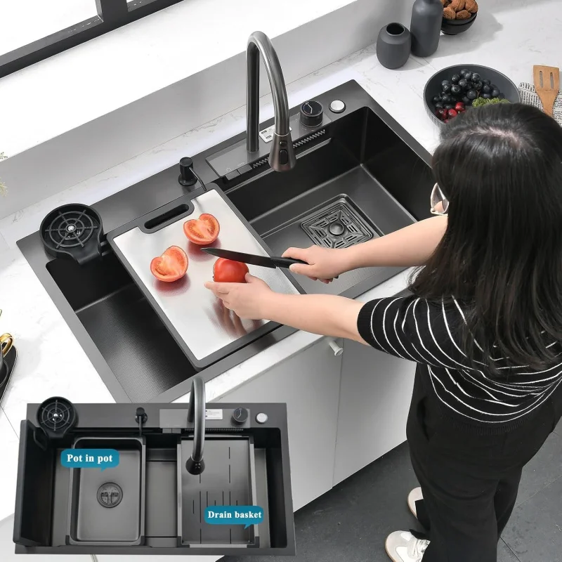 

(GGU) Кухонная раковина большой емкости из нержавеющей стали с водопадом, толстая раковина с дренажем большого диаметра (86x50 см) TQ