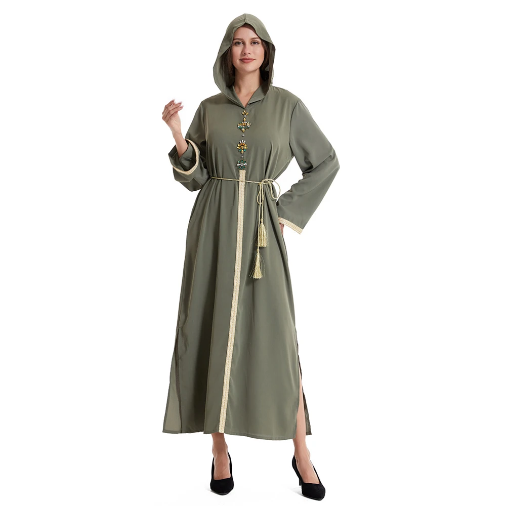 Eid Djellaba Muslim Women Diamonds Dress Hooded Abaya Dubai Turkey Kaftan Split Hem Jalabiya Moroccan Caftan Party Gown Robe