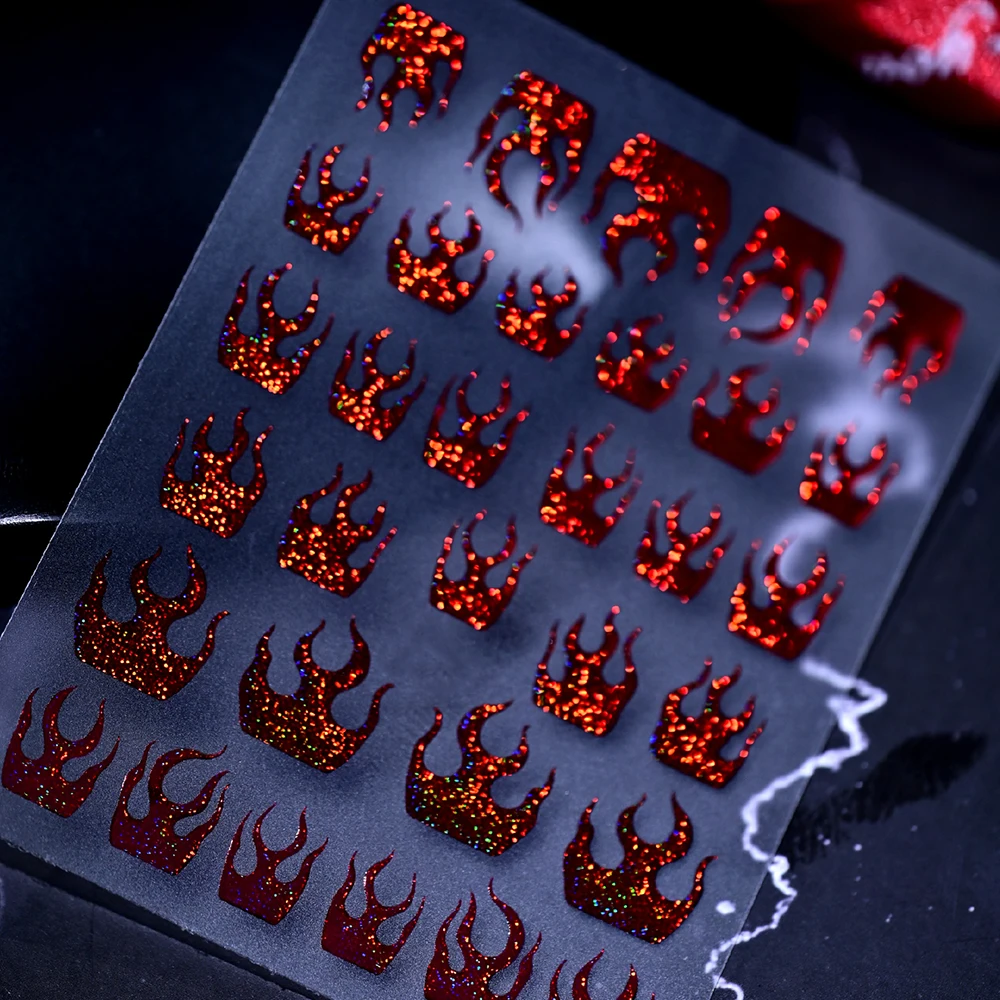 1 Blatt 3D Glänzende Glitzer-Lila-Flammen Nagelaufkleber Holographische Flammen Französische Nagelsticker Selbstklebende Halloween-Nageldekoration – Detail 6