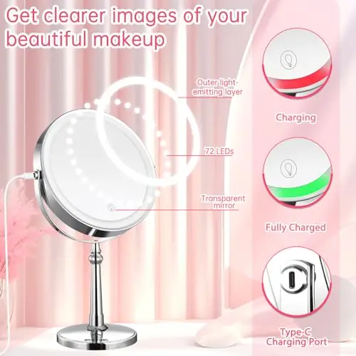 9" Large Lighted Makeup Mirror, 1X/10X Magnifying Mirror with Lights, 360 Rotate Touch Screen Vanity Mirror with 3 Color Lights