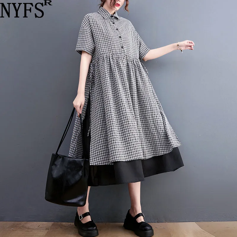 

NYFS 2023 Summer New Loose Woman Dress Vestidos Robe Elbise Office Lady Fake Two Plaid Short Sleeve Long Dresses