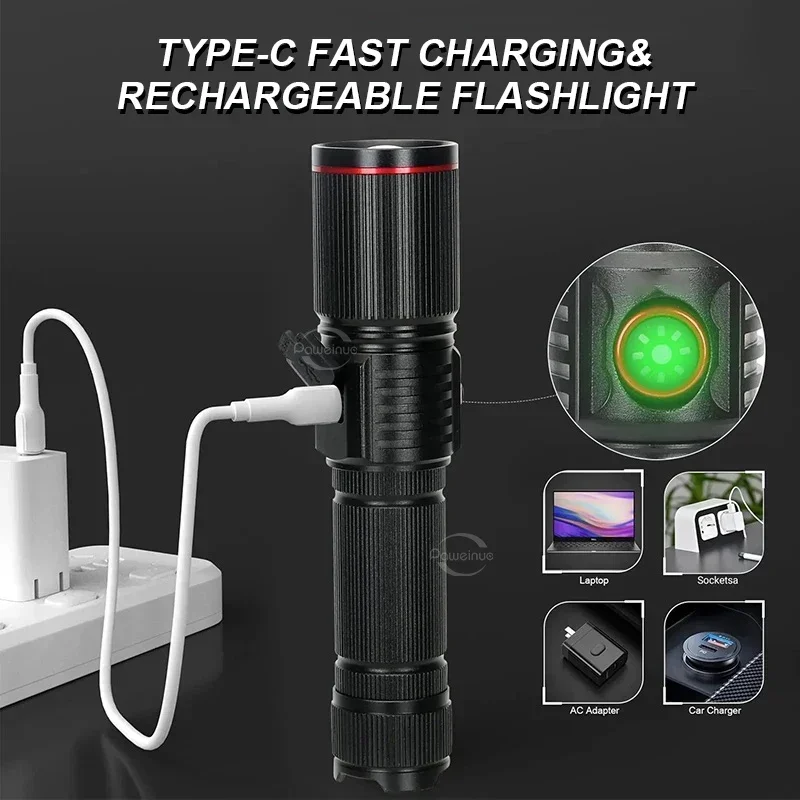Powerful LED Flashlight USB Fast Charging Flashlights Zoomable Torch High Lumens Waterproof Flashlight for Camping Hiking