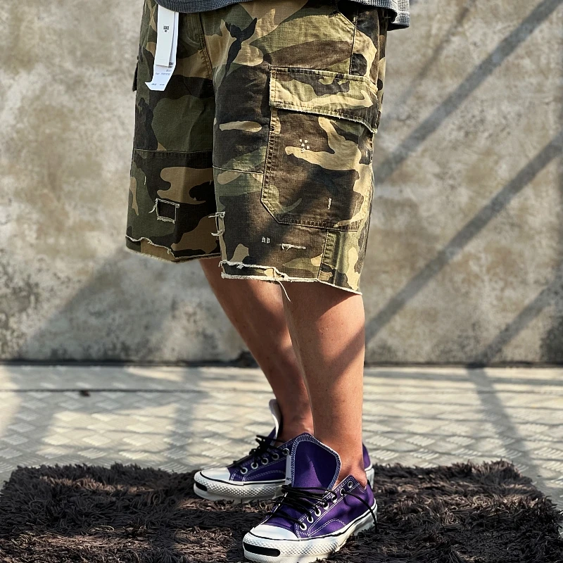 Mens Summer Heavyweight Cargo Shorts ยุทธวิธีหลายกระเป๋า Casual Ripped Patchwork ผ้าฝ้ายกลางแจ้งอินเทรนด์ทหารสั้นกางเกง