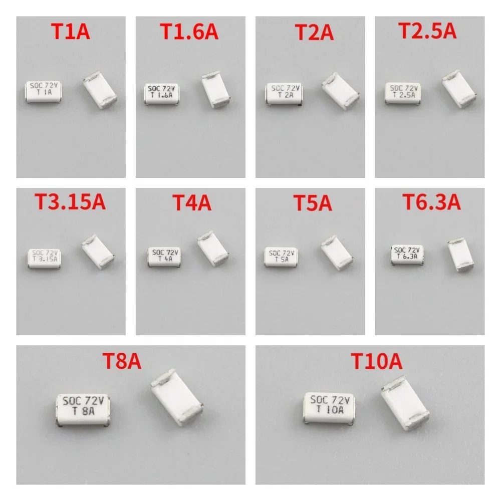 50pcs Micro Fuse SOC SMD SMT 1206 72V 11CT T 1A 1.6A 2A 2.5A 3.15A 4A 5A 6.3A 8A 10A 72V DC Slow Blow 3216 Surface Mount