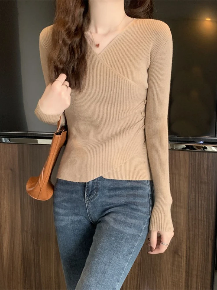 Suéter de primavera y otoño para mujer, jerséis de punto acanalado con cuello en V, manga larga, Top con botones, jersey liso, ropa básica para adolescente