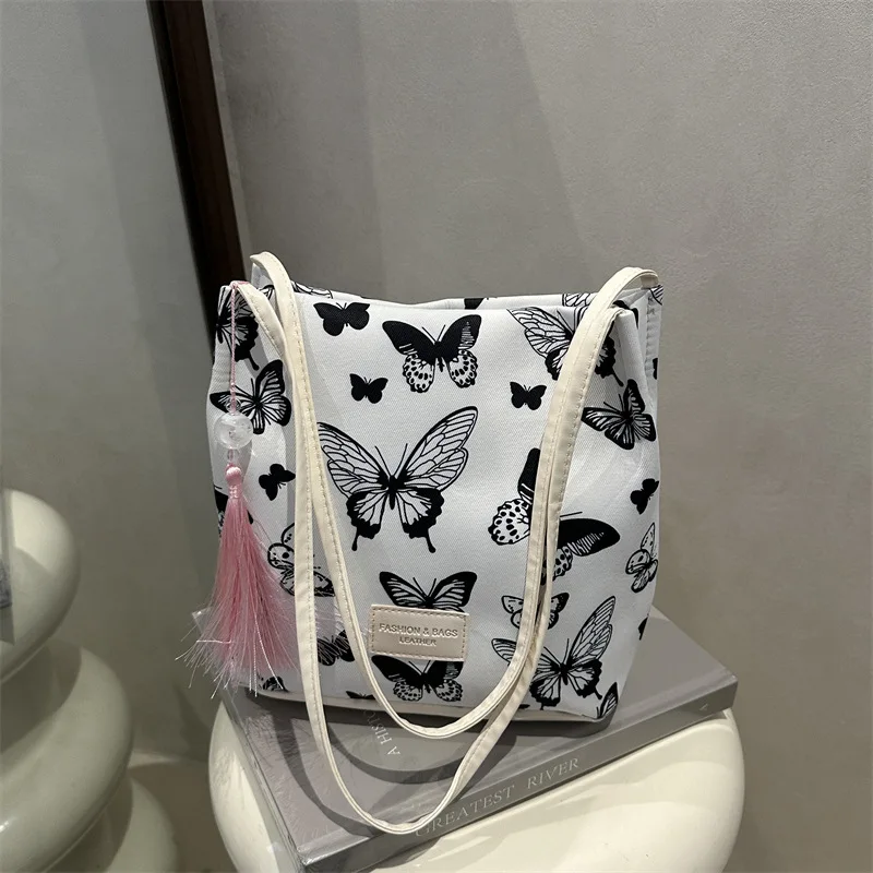

Retro Leopard Print Shoulder Bags for Women Casual Large Capacity Student Girls Handbag Commuter Ladies Bucket Tote with Pendant