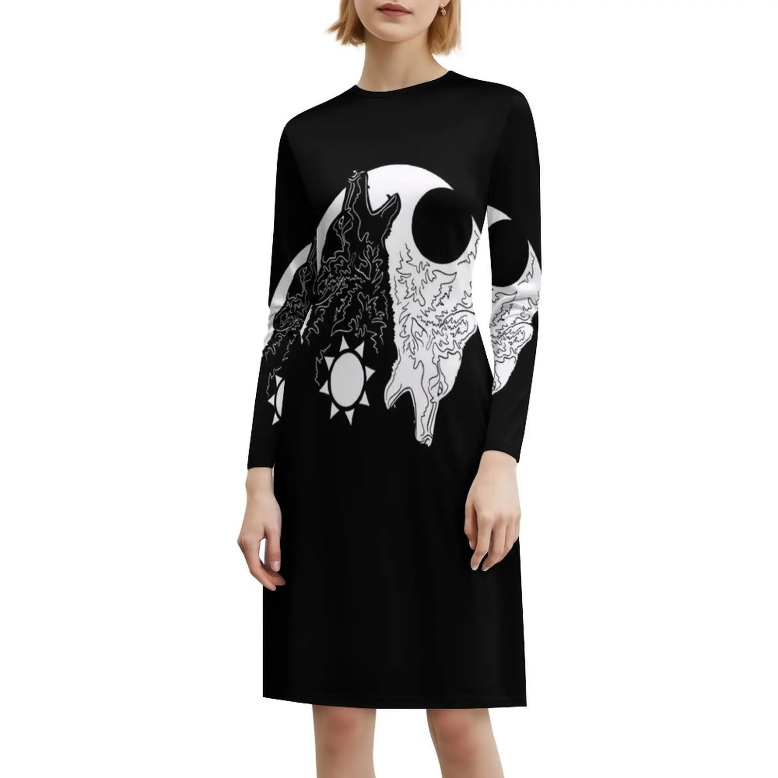 الذئاب السلبية فستان عطلة مثير للنساء شاطئ حفلة عيد ميلاد فستان قصير يينغ يانغ التوازن الذئاب الذئب الفن الذئب المرأة