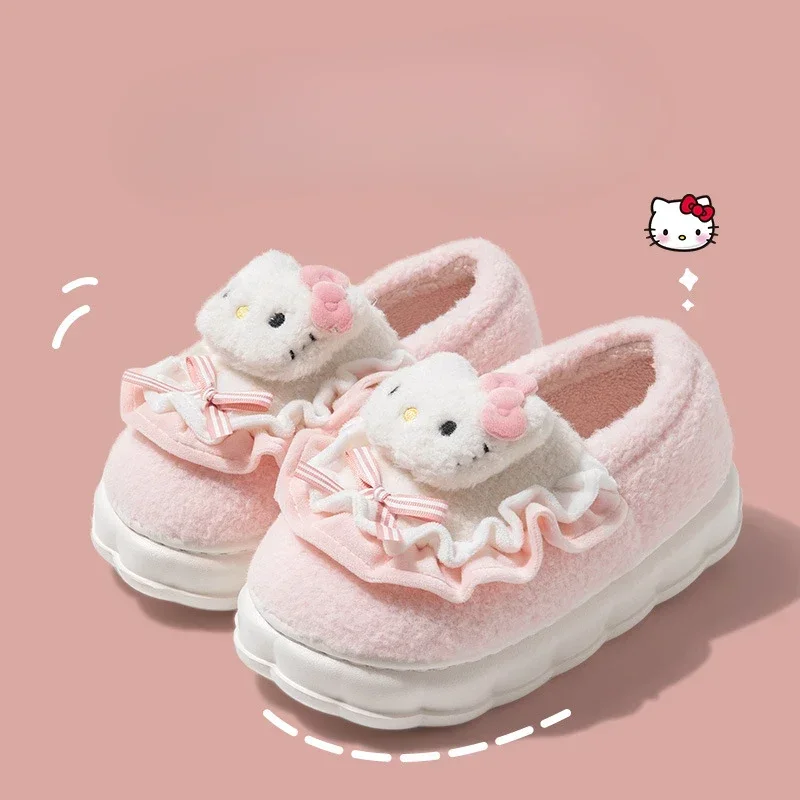 Sanrio Hello KittyP Cotton Slippers Women Winter Cute Indoor Cartoon Anime Thick Sole Autumn and Winter Slippers with Heel