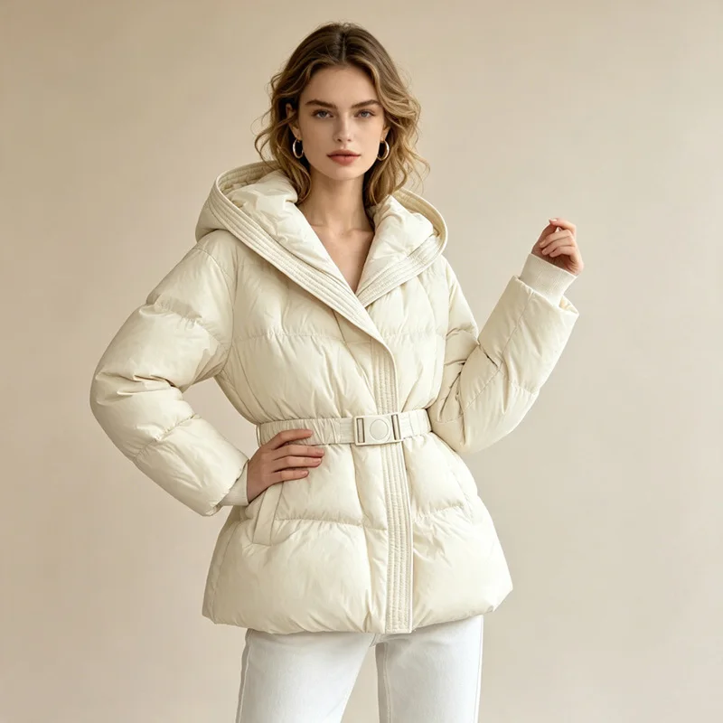 Schinteon Women White Down Jacket with Hood Solid Color Fashionable Autumn Winter Warm Outwear Parka Belt 2026 New Real Pictures