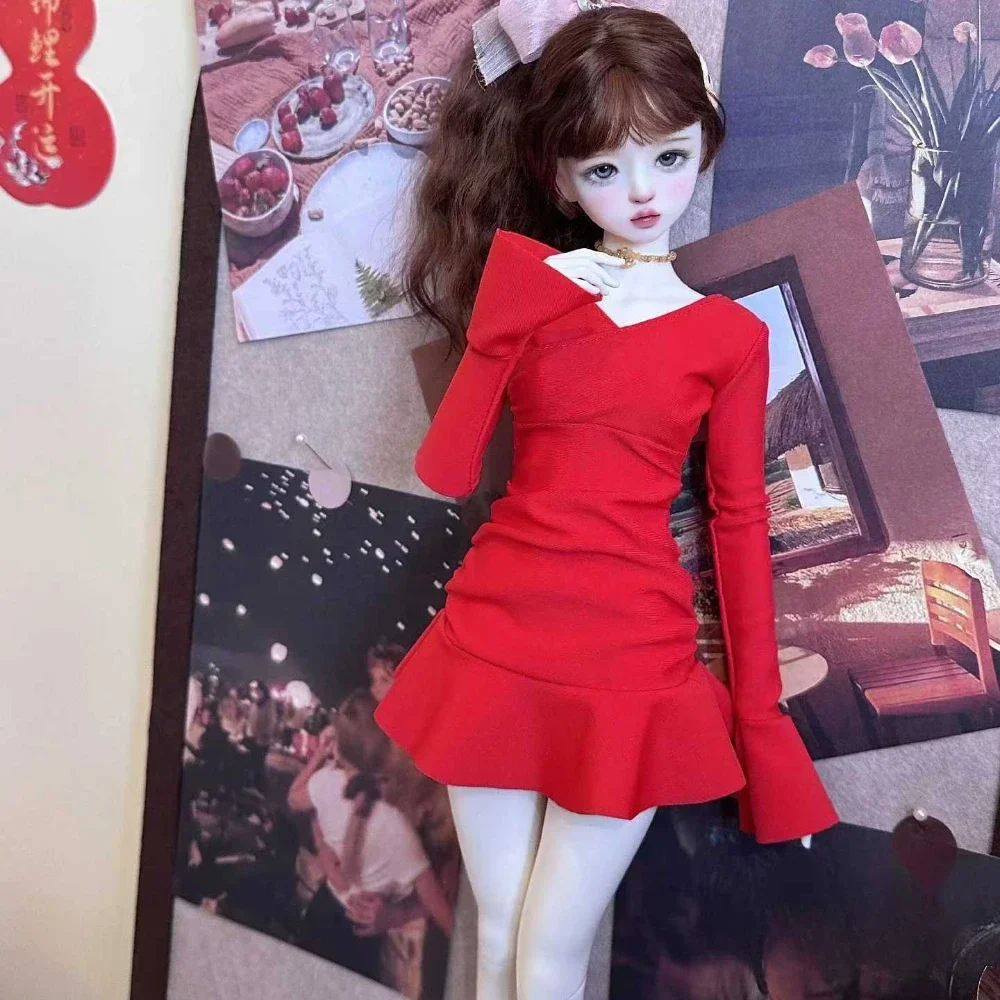 (Customized) 1/4 1/3 Doll's Clothes for 45/60cm Bjd Doll Dress Up Red Ruffle Edge Dress Toy  Play House Doll Accessories,No Doll