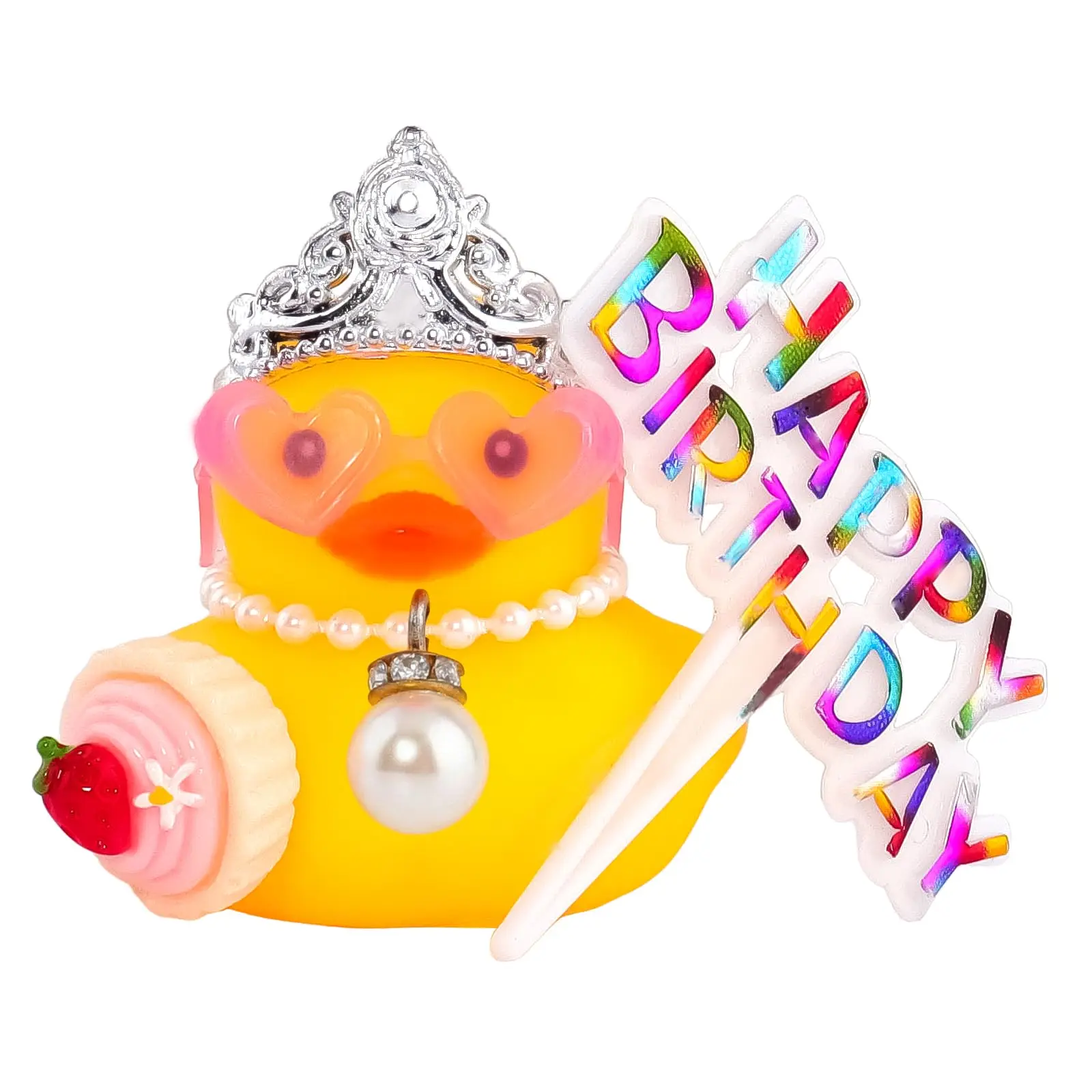 Birthday Rubber Ducks, Mini Yellow Duck Ornaments, Car Dashboard Decorations for Gifts with Crown, Heart-Shaped Glasses, Tiny Ca