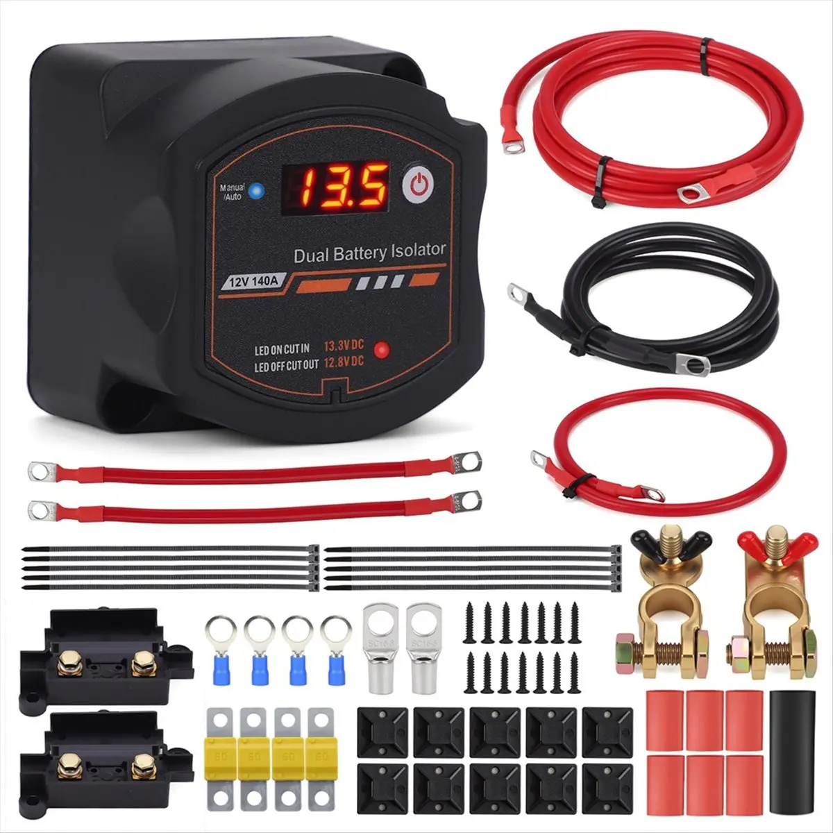 Compatible Dual Battery Isolator Kit 140Amp 12V Split Charge Relay Kit Manual/Auto Modes Voltage Sensitive Relay with Display