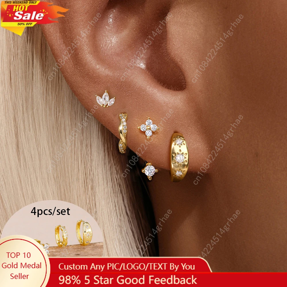 

4PCS Fashion Stainless Steel Zirconia Star Huggie Hoop Earrings Set for Women Curious Pendant Flower Ear Stud Piercing Jewelry