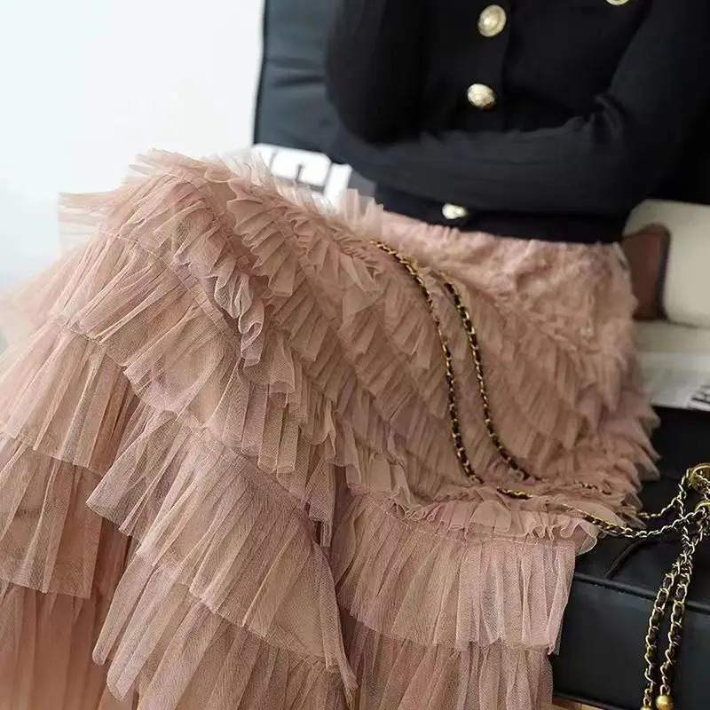 Sommer Frühling Damen Mehrschichtiger Rüschen Tüllrock Plissee Hohe Taille Flauschiger Maxirock Feenkuchenkleid Langer Tutu Partyrock – Detail 16