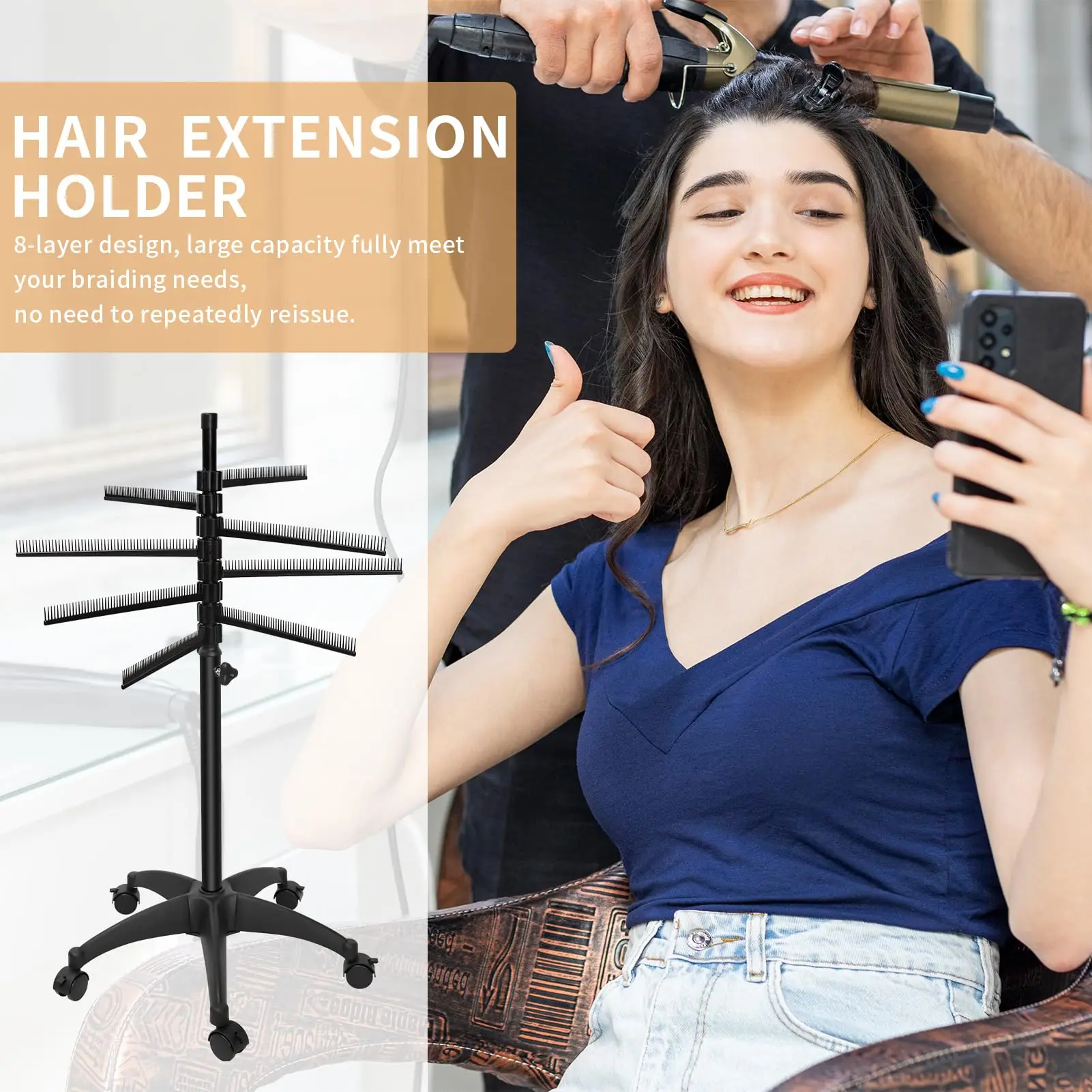 Braiding Hair Rack on Wheels Standing Hair Extension Rack Height Adjustable Professional Salon Tool Hair Extension Holder Hanger