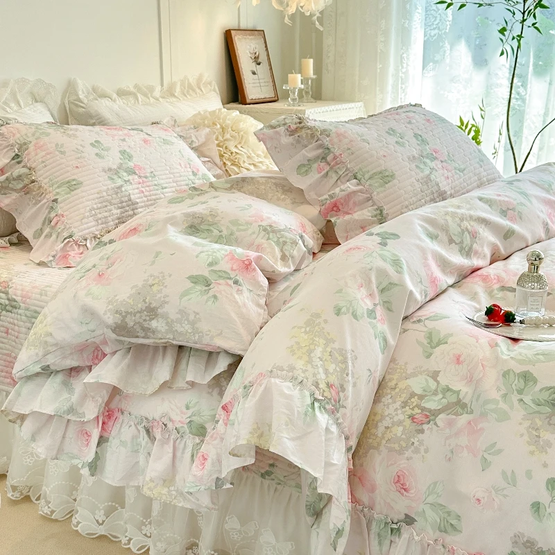 AI WINSURE-Romantic Lace Cotton Duvet Cover Set, Double Bed, Lace Ruffle Bedspread, with 2 Pillowcases, Printed 4-Piece Set