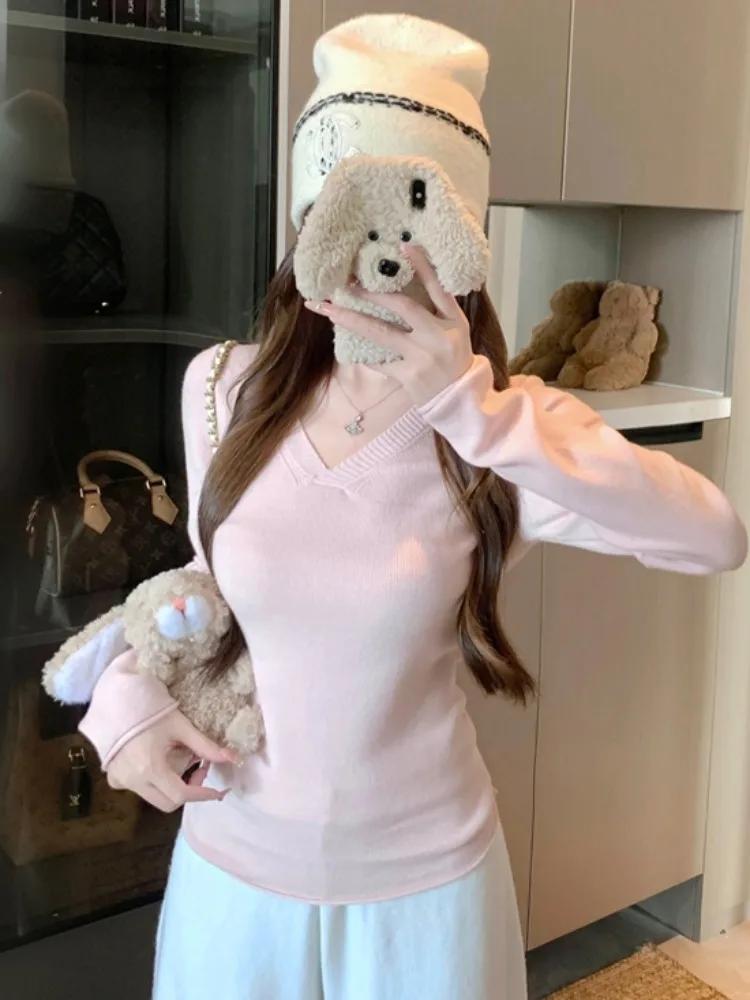

Sweet Girl Style V-Neck Long Sleeve Knitted Top Women's Base Color Pure Spring Autumn New Fashion Inner Wear Bottom Shirt