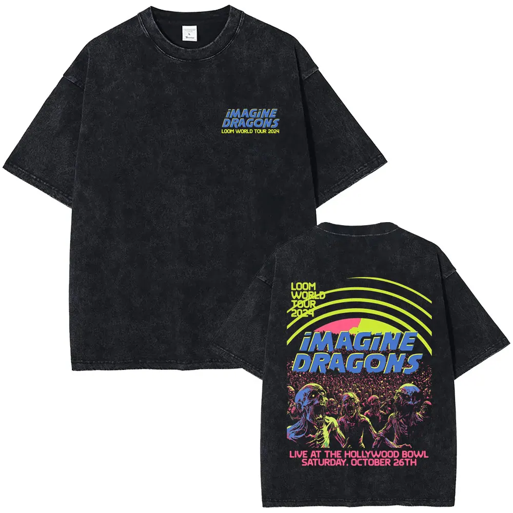 

Rock Band Imagine Dragons Loom World Tour Washed T Shirt Skeleton Print T-shirts Men Vintage Metal Oversized Short Sleeve Tshirt