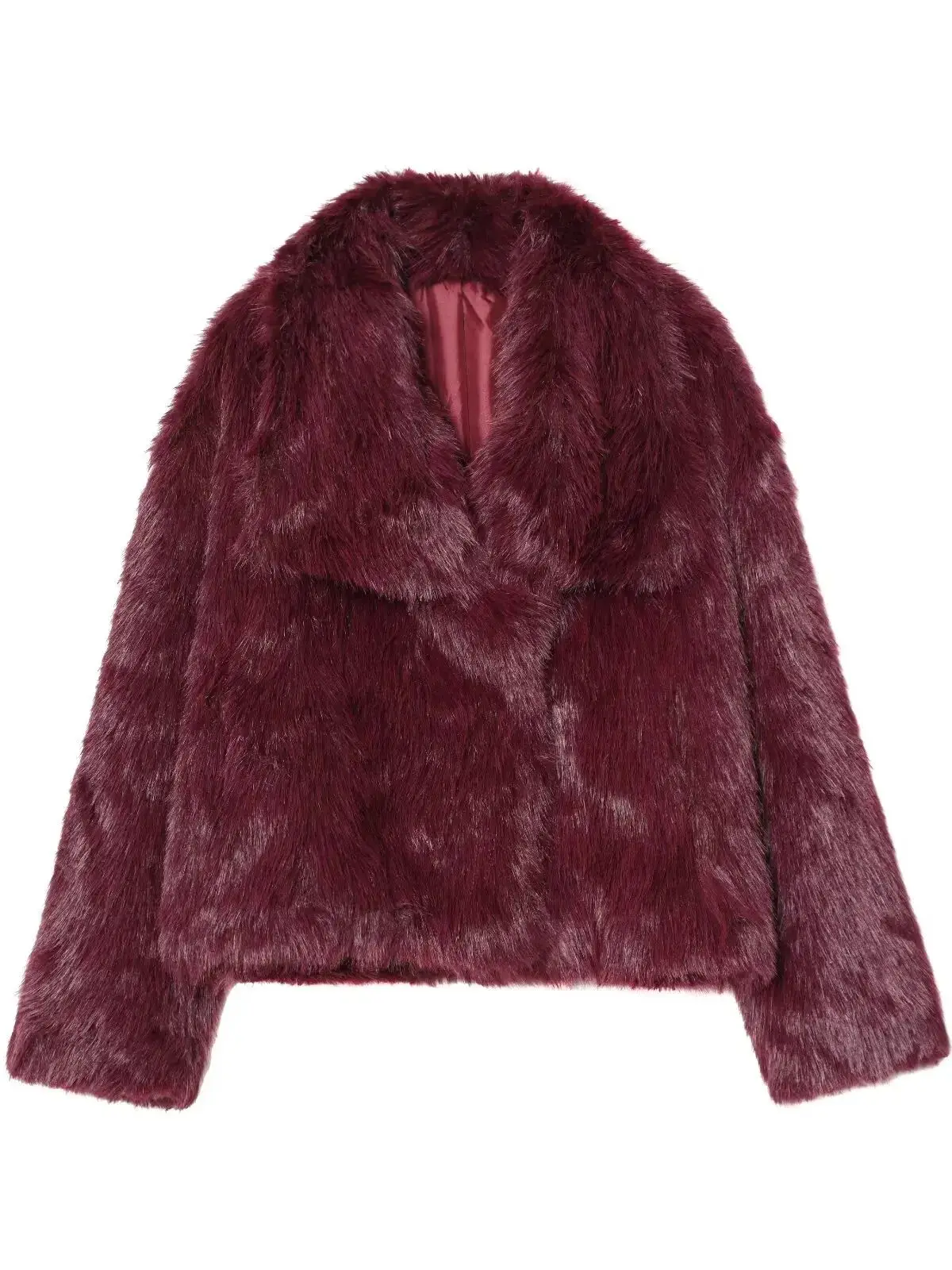 2025 Winter Women's Elegant Long Sleeve Faux Fur Short Jackets Lady High Street Chic Thick Warm Loose Wine Red Coats Outerwear
