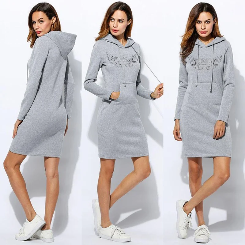 Autumn and Winter Women's Dress Casual Hoodie Fashion Printed Wing Long Sweatshirt Sports Dress Fall 2023 Fashion Women Clothing