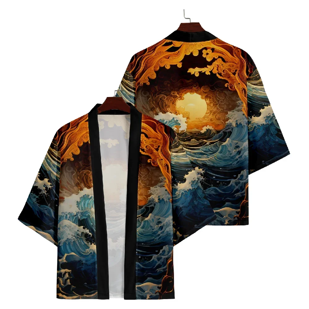 Kimono japonais Wave Anime pour hommes et femmes, chemise à manches 2024, robe de samouraï, mode Haoli, été plage, 3/4