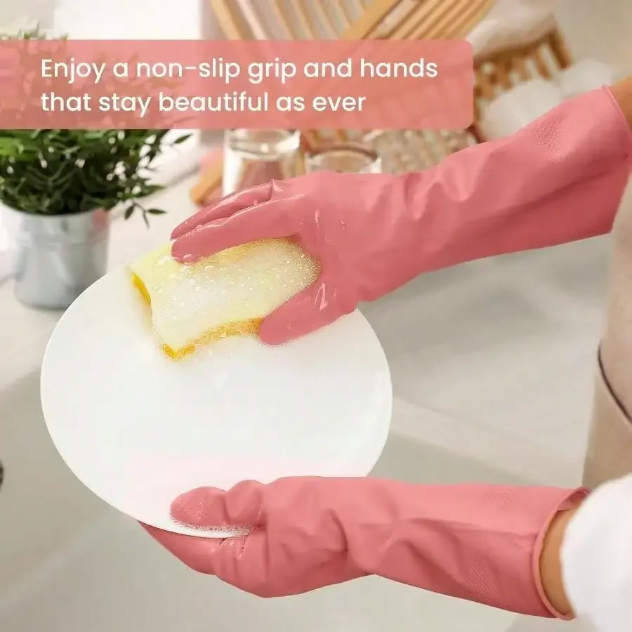 Reusable Rubber Dishwashing Gloves Non-Slip Kitchen Cleaning Gloves with Flocked Lining for Men & Women