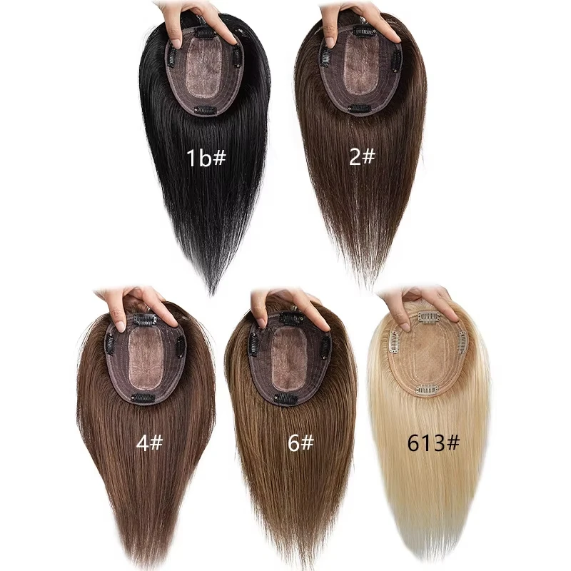 100% Human Hair Topper with Clips | Instant Volume Hairpiece for Women | Thin Skin Base | Many Colors 1B/2/4/6/8/613