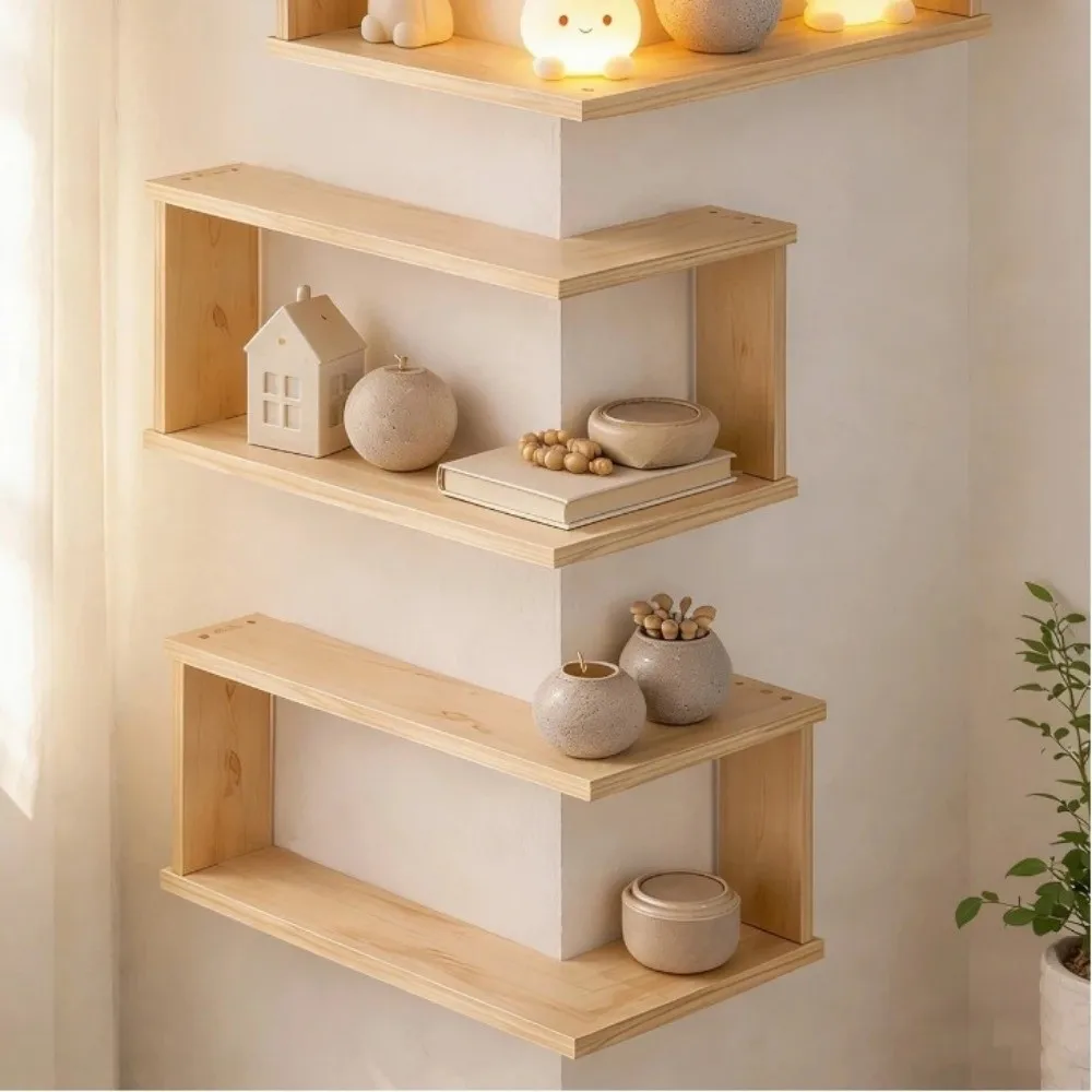 Wooden Corner Floating Shelves Double-layer Ornament Display Storage Rack Wall Mounted Flower Pots Shelves Home Organizer