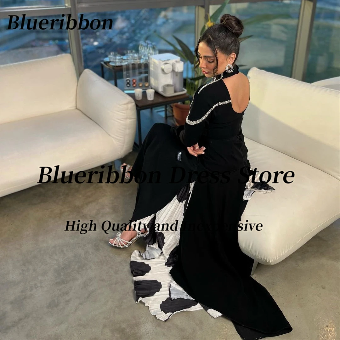 Blueribbon فساتين مناسبة رسمية Beaded Halter Neck Sexy Backless Prom Dresses Front Slit Black&White Evenin Party Dress Arabia