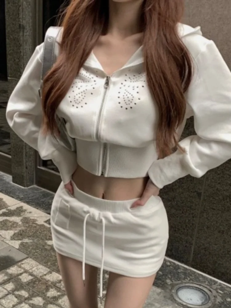 

QWEEK Y2k Coquette White Butterfly Zip Crop Hoodie Women 2024 Fashion Korean Kpop Streetwear Long Sleeve Sweatshirt with Hood