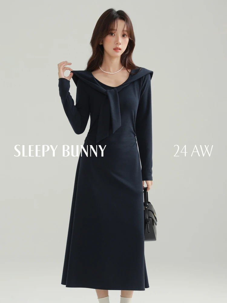 Elegant Casual Navy Collar Dress Long Sleeve Slim Fit Midi Outfit High Waist Vintage A-line Fashion Dress Women Spring Autumn