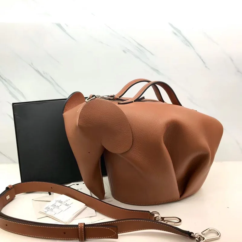 Large Elephant Bag Genuine Leather Crafted Customized Cute Animal Shaped Crossbody Messenger Purse Tote Cowhide Gift Brown