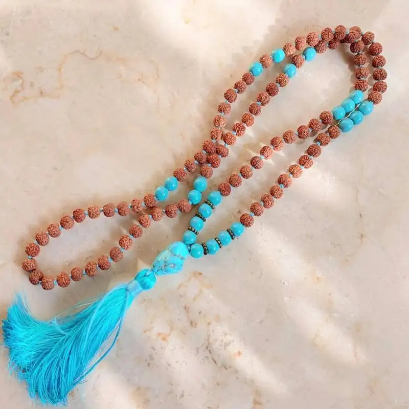 

Natural Rudraksha & Turquoise 108 Mala Beads Necklace with Blue Tassel Protection & Wisdom Healing Crystal Jewelry