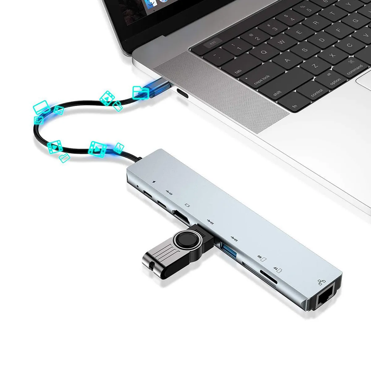 1Pcs 8-in-1 Type C Hub Adapter USB 3.0 Dock with 4K Rj45 Ethernet USB-C Pd Charging Multiport Concentrator