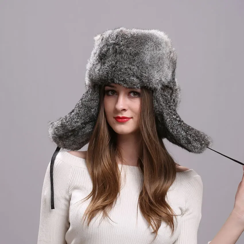 

Warm Bomber Hat Real Rabbit Fur Cap Earflap Trapper Russian Cap Winter Hats for Women Ski Russian Bonnets Fur Hat Wholesale hats