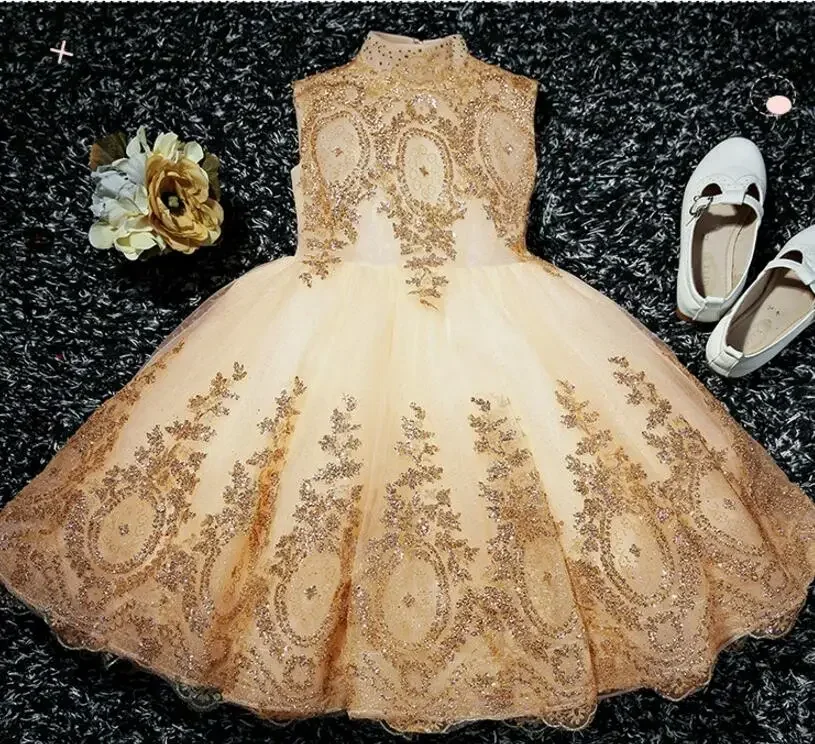 Vestido de encaje dorado con lentejuelas para niña, vestido de cumpleaños para recién nacida, fiesta de bautismo, vestidos de bautizo para niña recién nacida, 1 año