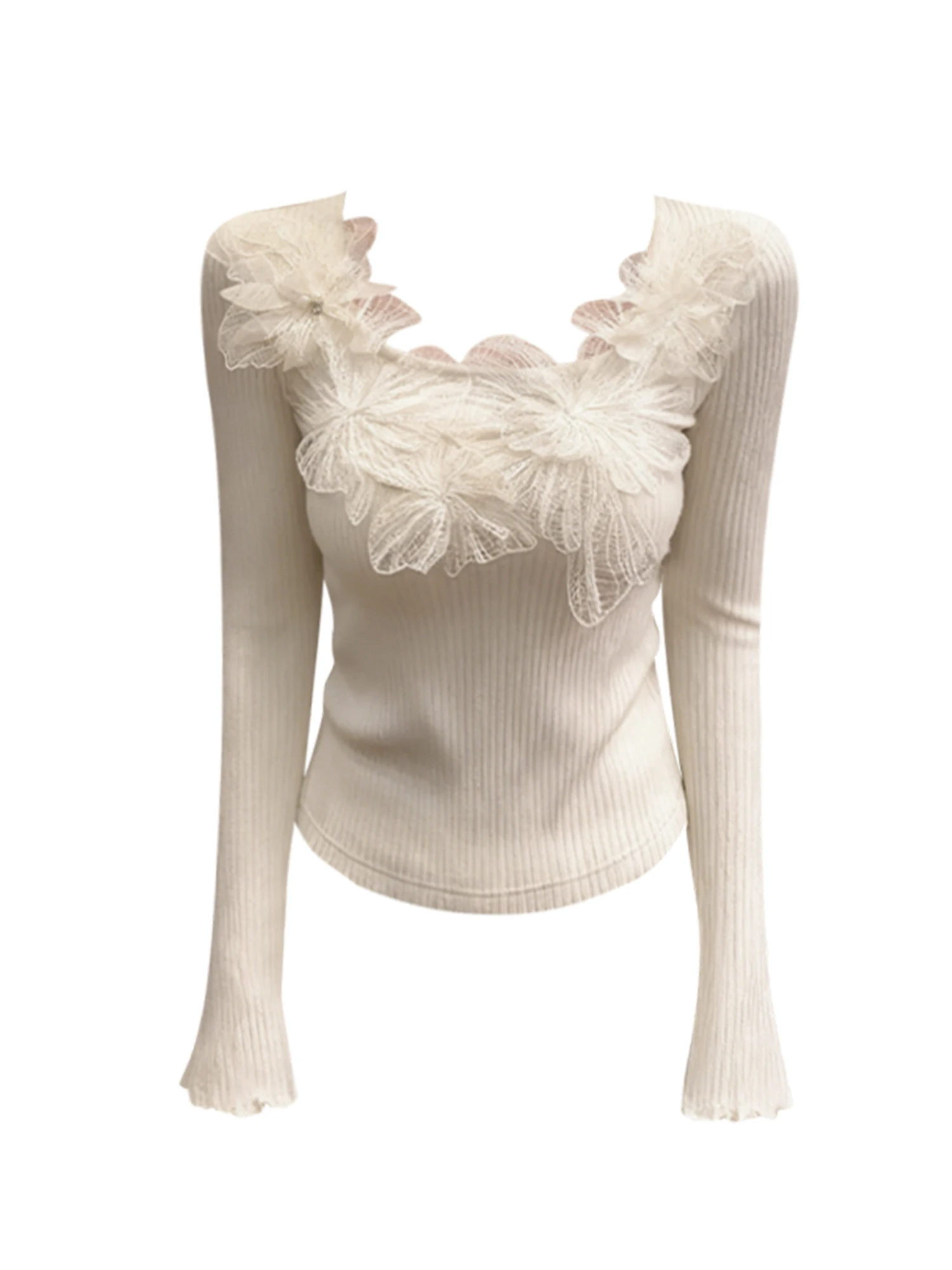 

Women Apricot U-Neck Knit T-shirt Y2k Gyaru Tee Top Vintage Aesthetic Long Sleeve Lace T-shirts 2000s Clothes Spring Autumn 2025