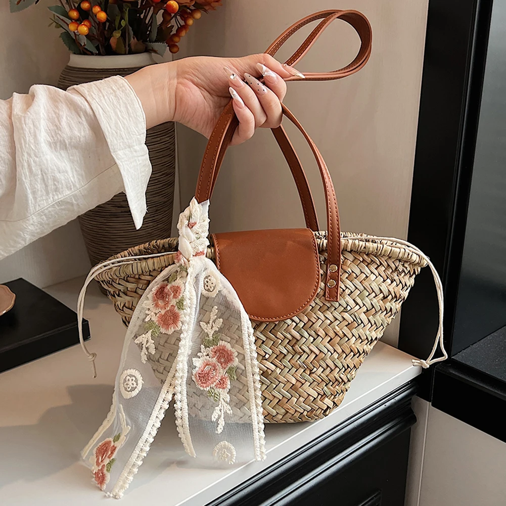 Fashion Women Straw Woven Tote Bag Raffia Shoulder Bags Ladies Rattan Tote Clutch Bags with Ribbon Chic Purse Crochet Handbag